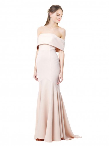 Mermaid Bardot Maxi Crepe Bridesmiad Dress with Fishtail Train Clearance