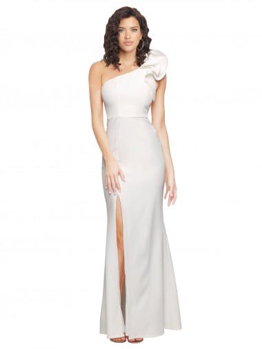 One Shoulder Long Full Length Crepe Prom Dress with Ruffles and Side Split Clearance