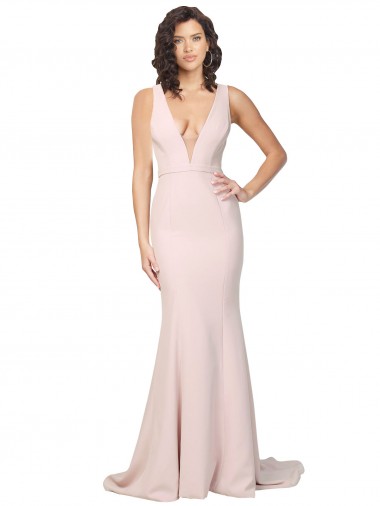 Deep Plunging V-Neckline Full Length Crepe Prom Dress with Deep V-Backline Clearance