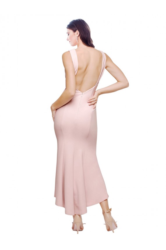 High Neck Low V-Back Midi Length Crepe Cocktail Dress / Prom Dress Clearance