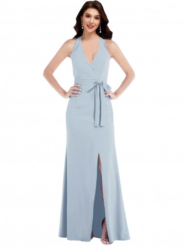 Open Back Halter Maxi Crepe Prom Dress with Draped Bow Clearance