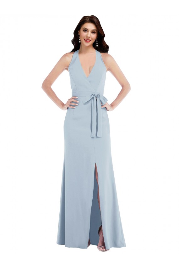 Open Back Halter Maxi Crepe Prom Dress with Draped Bow Clearance