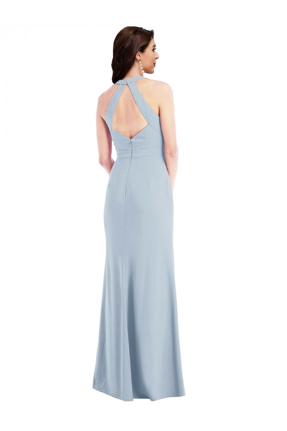 Open Back Halter Maxi Crepe Prom Dress with Draped Bow Clearance