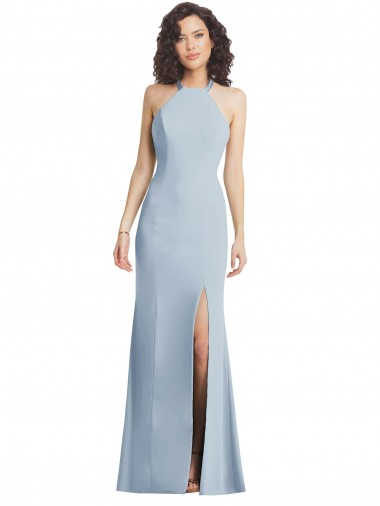 High Neck Halter Crepe Prom Dress with Twist Criss Cross Back Clearance