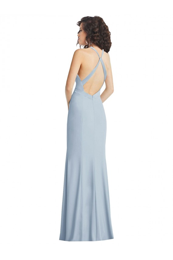 High Neck Halter Crepe Prom Dress with Twist Criss Cross Back Clearance