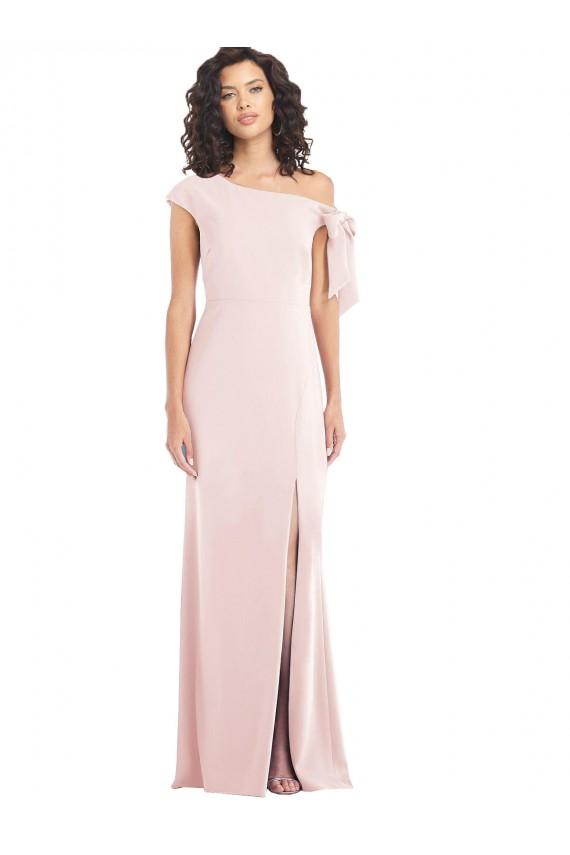 Off the Shoulder Tie Detail Trumpet Crepe Prom Dress with Front Slit Clearance