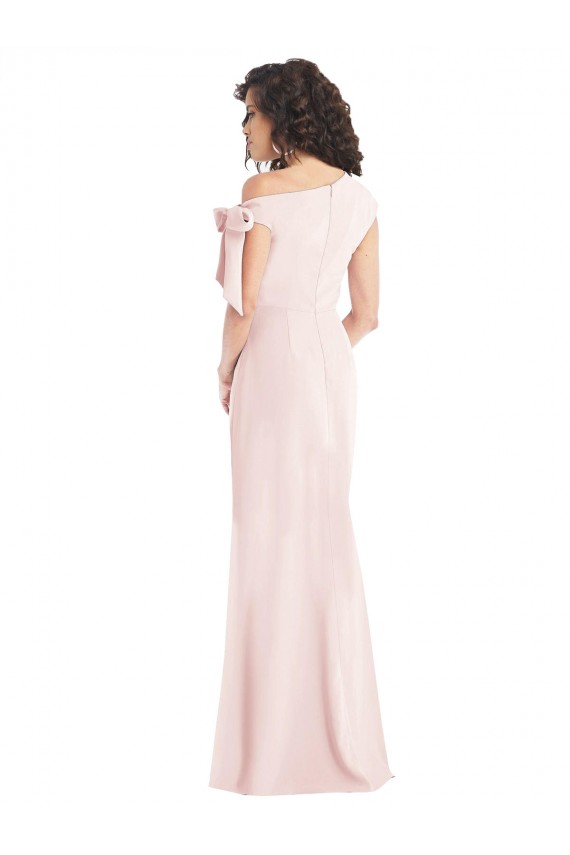 Off the Shoulder Tie Detail Trumpet Crepe Prom Dress with Front Slit Clearance