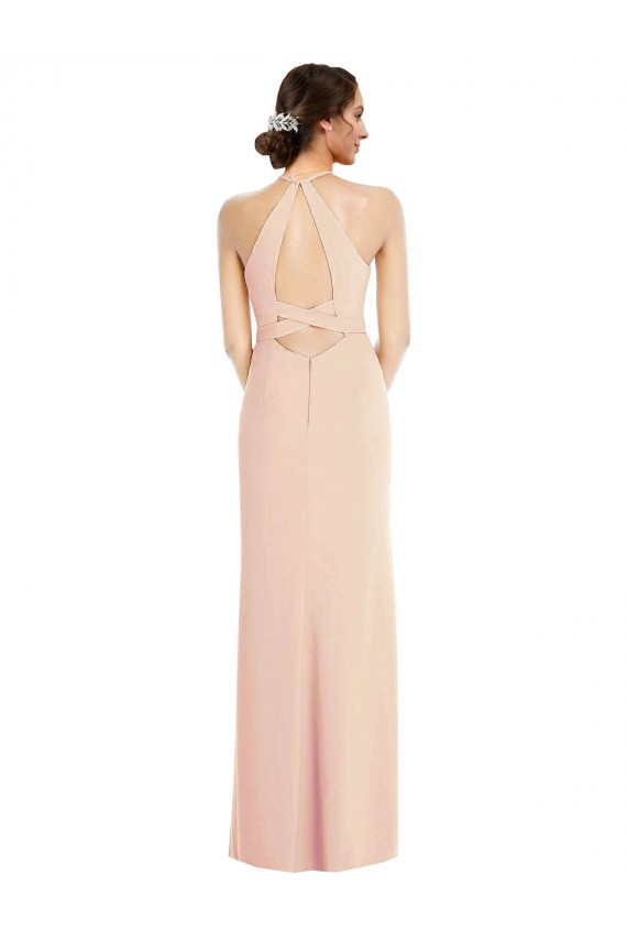 Halter Criss Cross Cutout Back Maxi Crepe Prom Dress Clearance