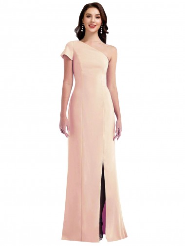 One Shoulder Cap Sleeves Trumpet Crepe Prom Dress with Front Slit Clearance