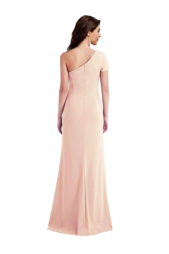 One Shoulder Cap Sleeves Trumpet Crepe Prom Dress with Front Slit Clearance