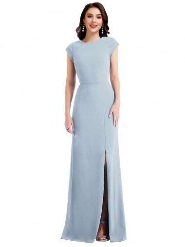 Cap Sleeve Open Back Trumpet Crepe Prom Dress with Front Slit Clearance