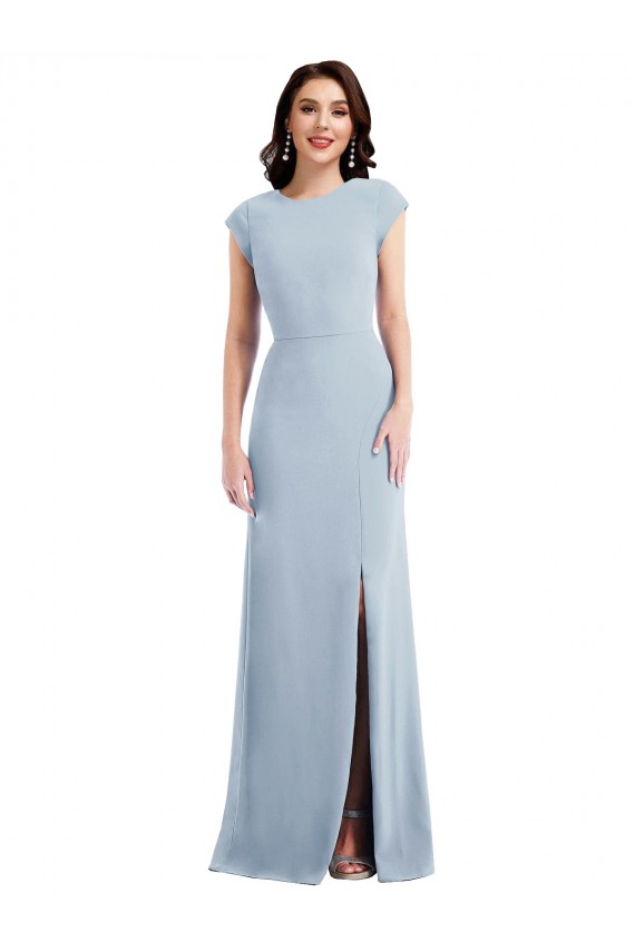 Cap Sleeve Open Back Trumpet Crepe Prom Dress with Front Slit Clearance