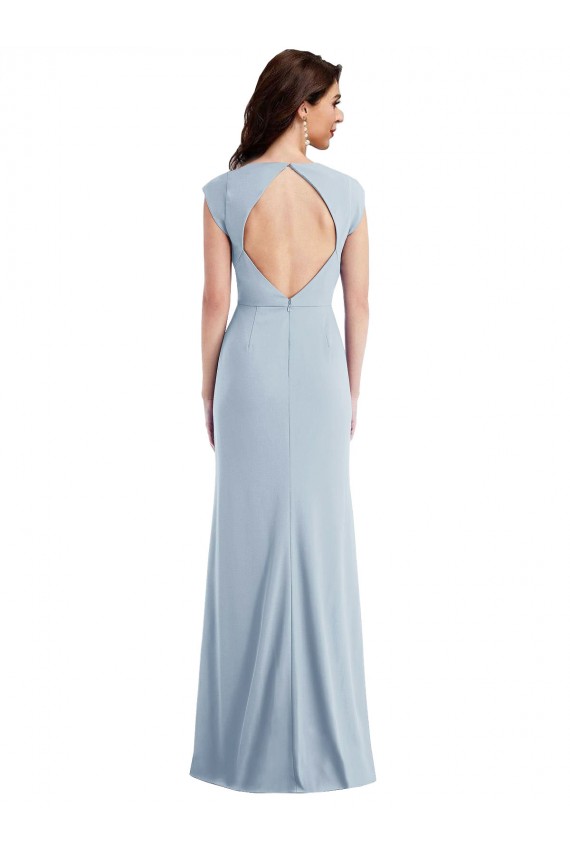 Cap Sleeve Open Back Trumpet Crepe Prom Dress with Front Slit Clearance