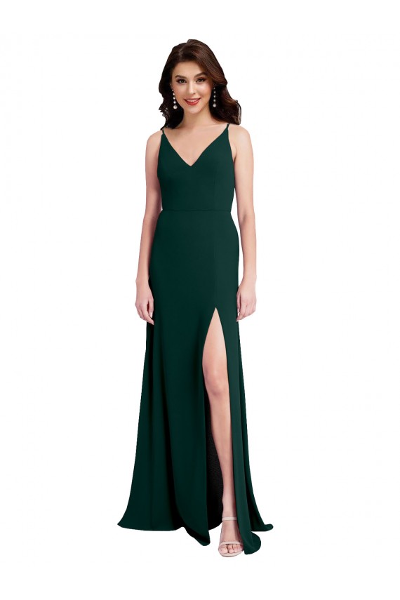 Slim A-Line V-Neck Full Length Crepe Prom Dress with Side Slit Clearance