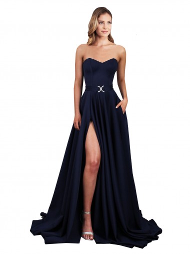 Sweetheart Neckline Low Back Long Crepe Prom Dress with High Leg Spit & Pockets Clearance