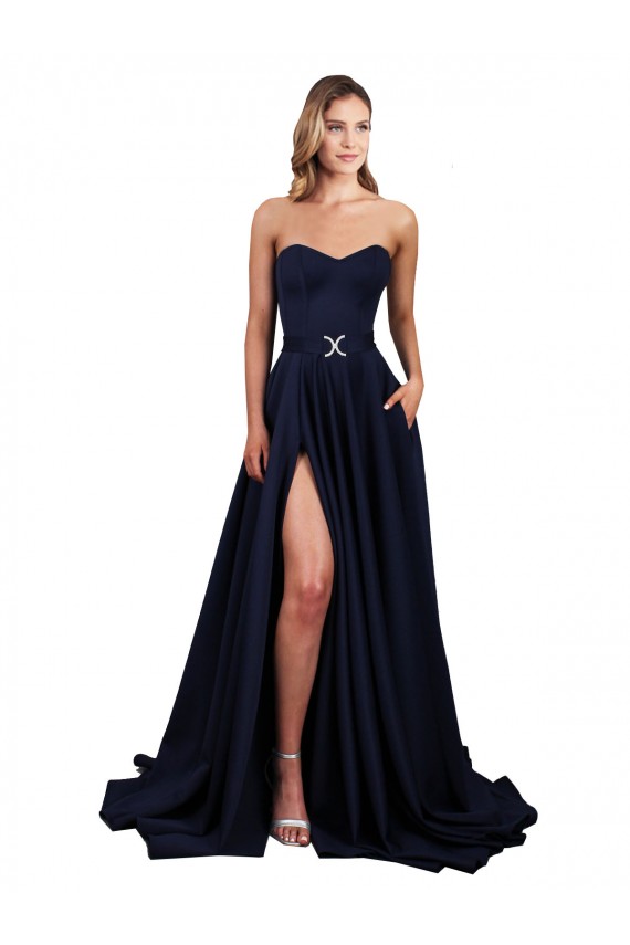 Sweetheart Neckline Low Back Long Crepe Prom Dress with High Leg Spit & Pockets Clearance