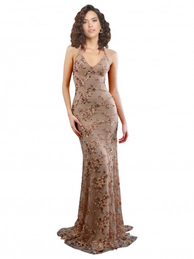 Floral Patterned Backless V-Neckline Sequin Prom Dress Clearance