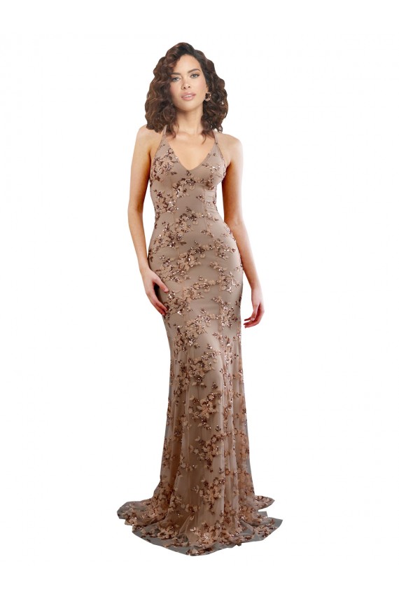 Floral Patterned Backless V-Neckline Sequin Prom Dress Clearance