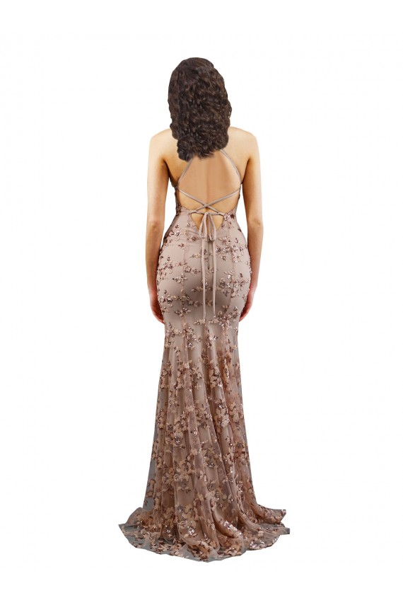 Floral Patterned Backless V-Neckline Sequin Prom Dress Clearance