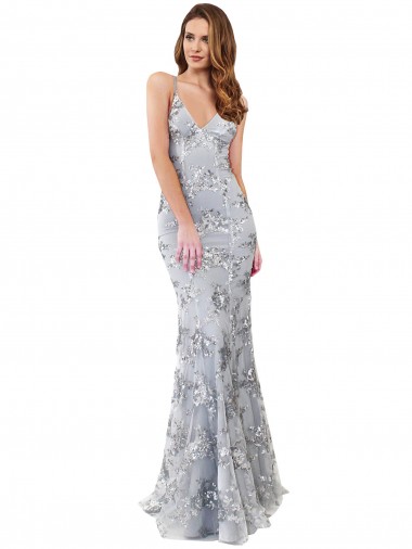 Silver V-Neckline Backless Floral Patterned Sequin Prom Dress Clearance