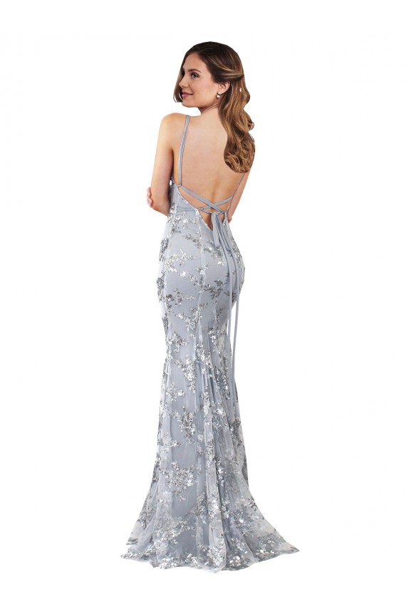 Silver V-Neckline Backless Floral Patterned Sequin Prom Dress Clearance