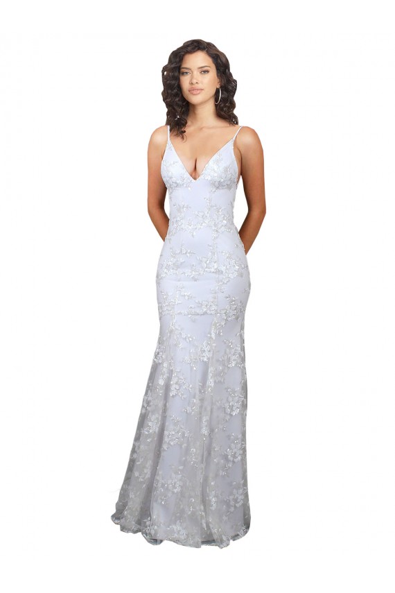 V-Neckline Backless Floral Patterned Sequin Formal Prom Dress Clearance