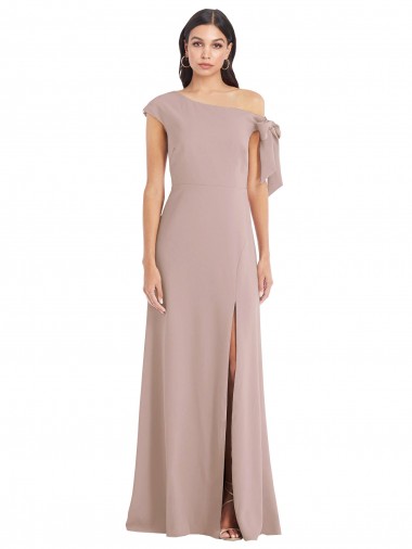 Off the Shoulder Tie Detail Maxi Crepe Prom Dress with Front Slit Clearance