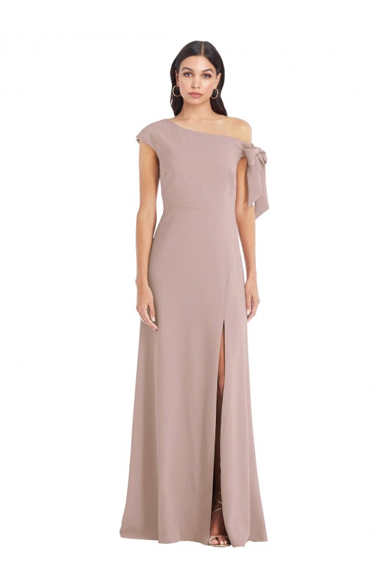 Off the Shoulder Tie Detail Maxi Crepe Prom Dress with Front Slit Clearance