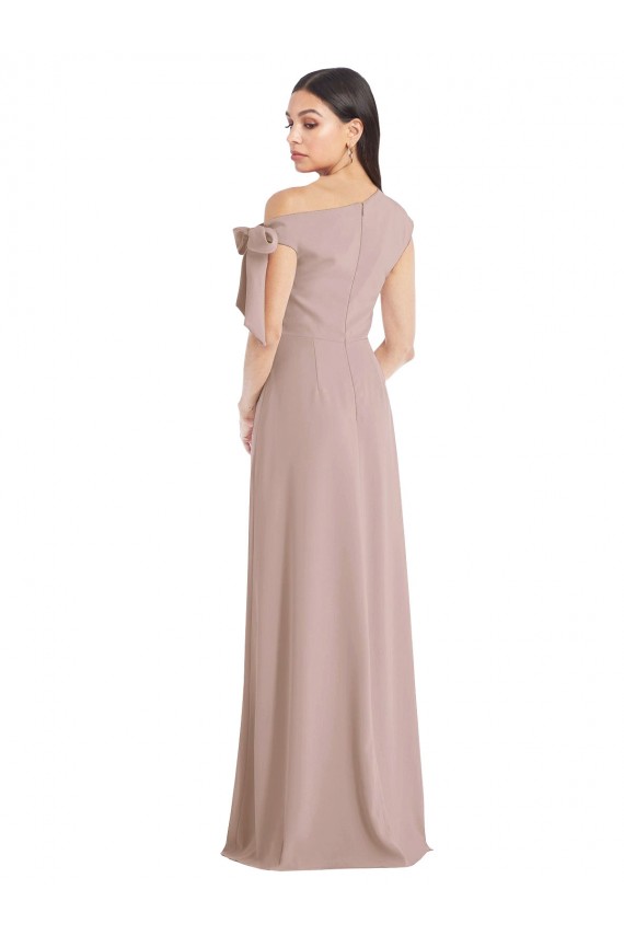 Off the Shoulder Tie Detail Maxi Crepe Prom Dress with Front Slit Clearance