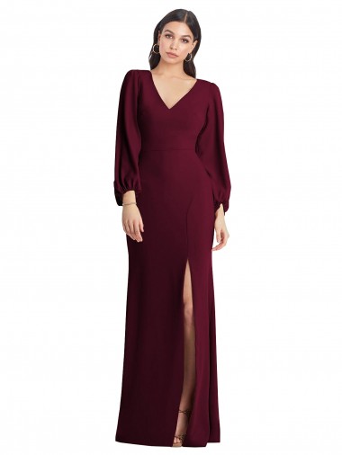 Long Puff Sleeve V-Neck Trumpet Maxi Prom Dress Clearance
