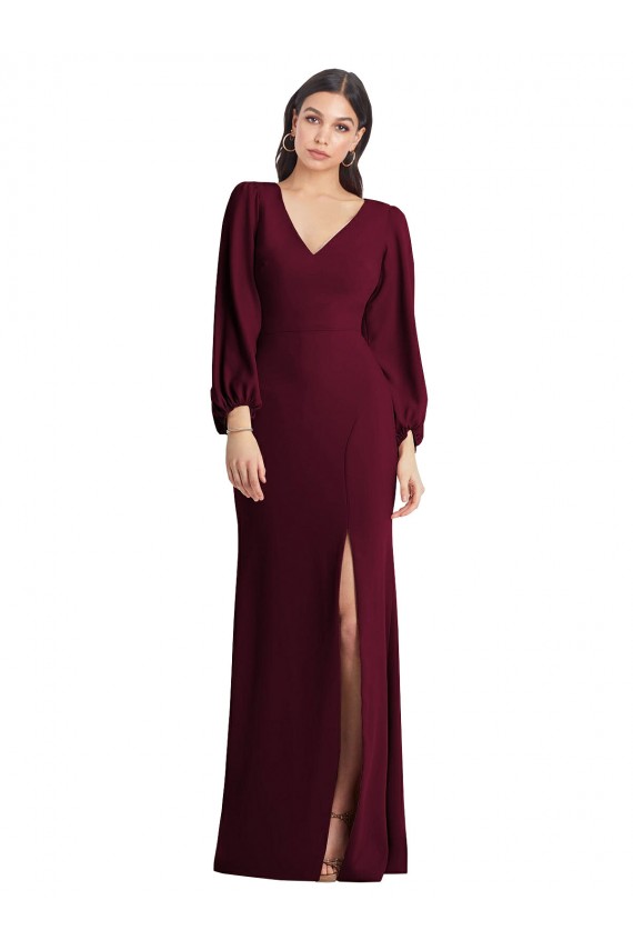 Long Puff Sleeve V-Neck Trumpet Maxi Prom Dress Clearance