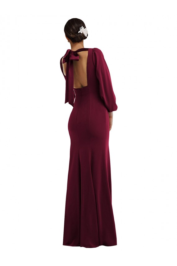 Bishop Sleeve Open Back Trumpet Crepe Prom Dress with Scarf Tie Clearance