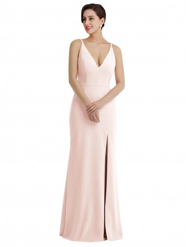 Skinny Strap Deep V-Neck Trumpet Crepe Prom Dress with Front Slit Clearance