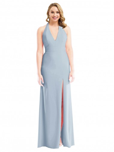 Plunge Neck Halter Backless Trumpet Prom Dress with Front Slit Clearance