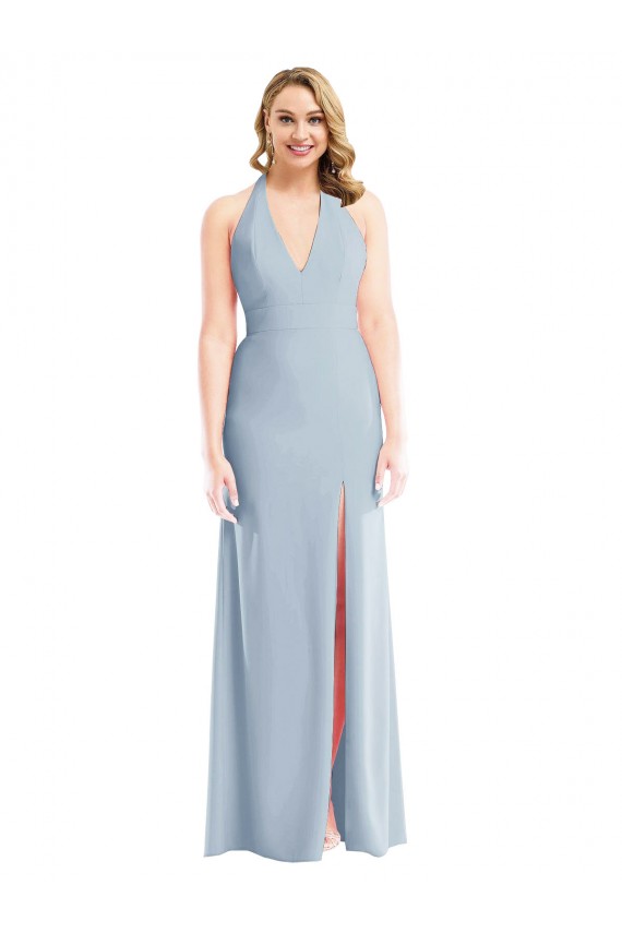 Plunge Neck Halter Backless Trumpet Prom Dress with Front Slit Clearance