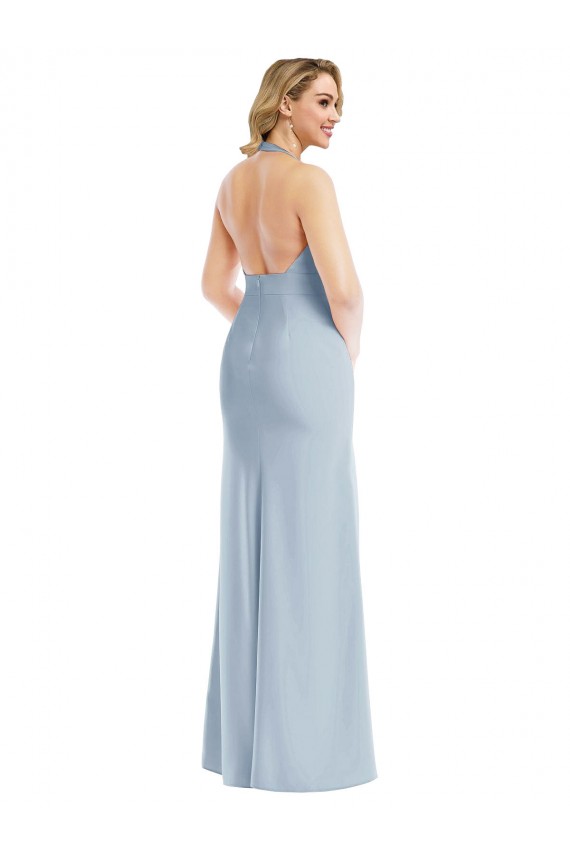 Plunge Neck Halter Backless Trumpet Prom Dress with Front Slit Clearance