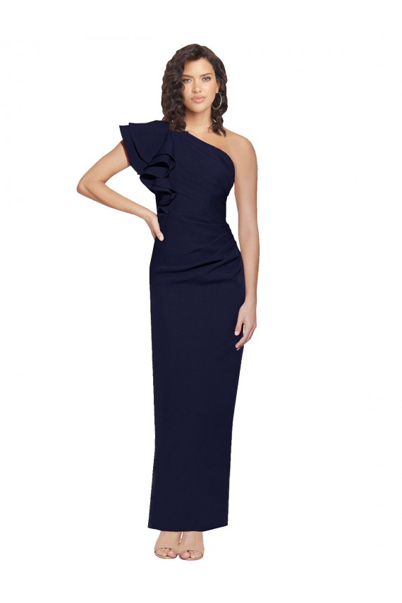 Ruched Floor Length Long Crepe Prom Dress with Shoulder Ruffles Clearance