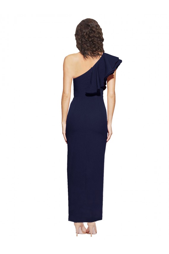 Ruched Floor Length Long Crepe Prom Dress with Shoulder Ruffles Clearance