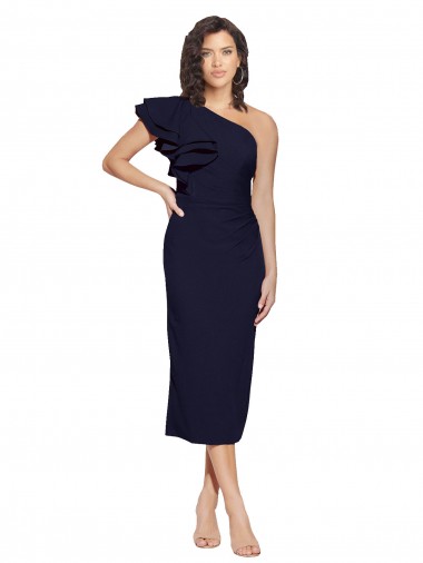 Ruched Midi Length Short Crepe Cocktail Prom Dress / Homecoming Dress with Shoulder Ruffles Clearance