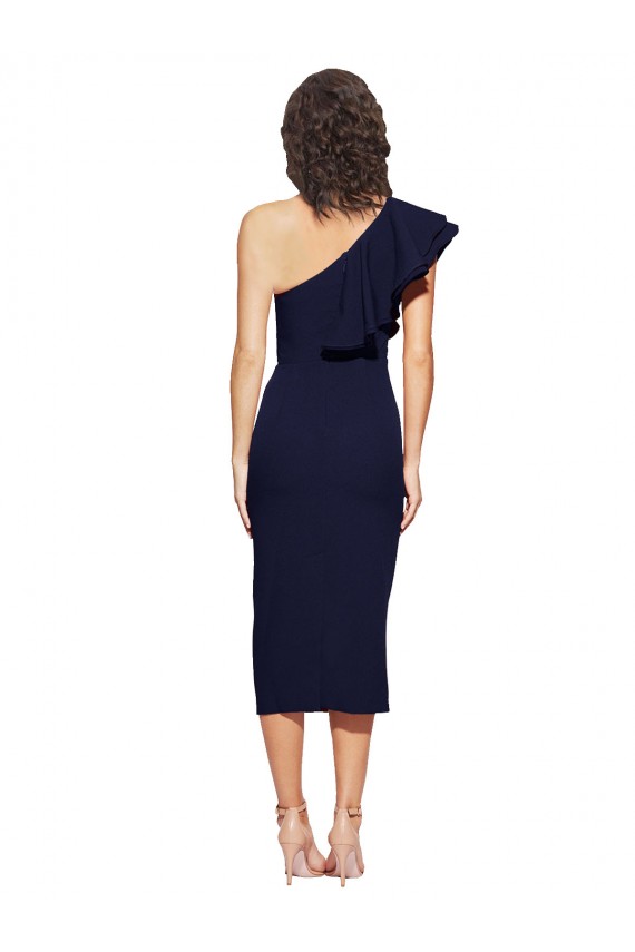 Ruched Midi Length Short Crepe Cocktail Prom Dress / Homecoming Dress with Shoulder Ruffles Clearance