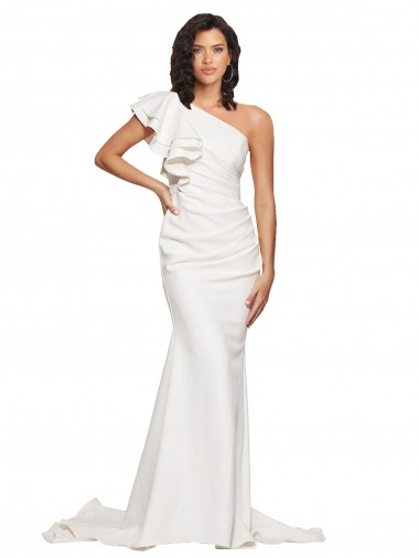 Ruched Long Sweep Train Crepe Prom Dress with Shoulder Ruffles Clearance
