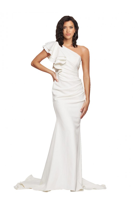 Ruched Long Sweep Train Crepe Prom Dress with Shoulder Ruffles Clearance