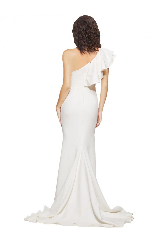 Ruched Long Sweep Train Crepe Prom Dress with Shoulder Ruffles Clearance