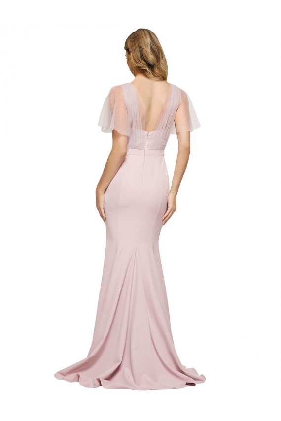 Crepe Long Sweetheart Neckline Prom Dress with Tulle Overlay Shoulders Clearance