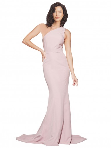 Long Sweep Train One Shoulder Crepe Prom Dress with Side Leg Split Clearance