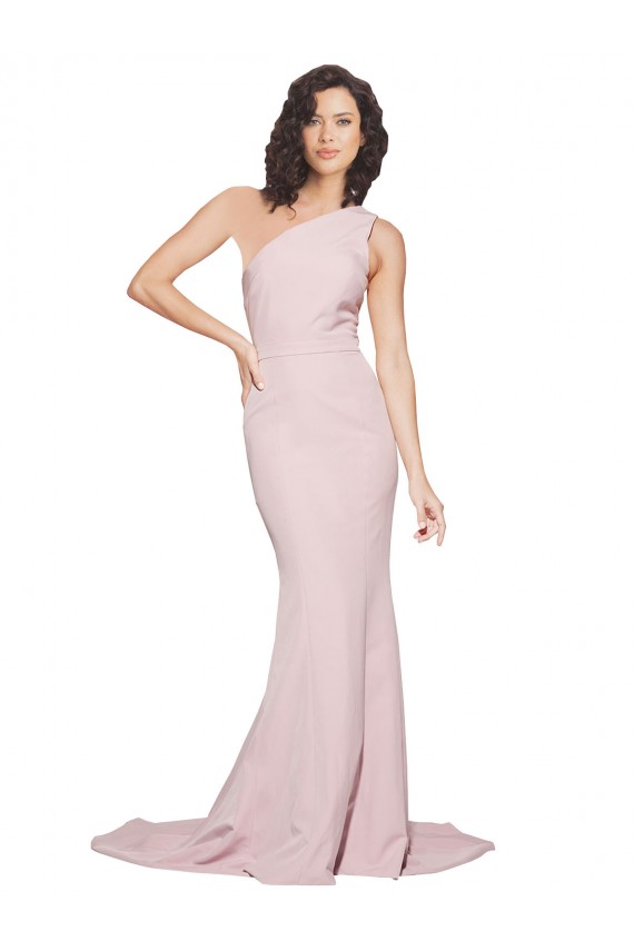 Long Sweep Train One Shoulder Crepe Prom Dress with Side Leg Split Clearance