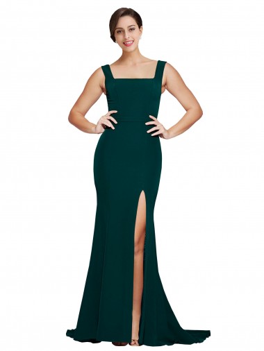 Fitted Square Neck Long Crepe Prom Dress with Train and Side Split Clearance