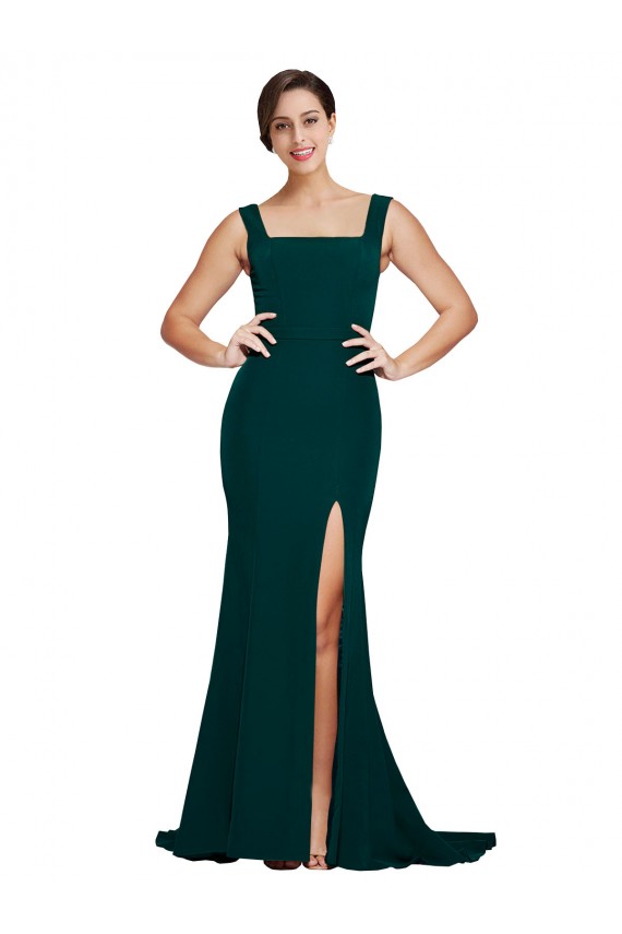 Fitted Square Neck Long Crepe Prom Dress with Train and Side Split Clearance