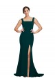 Fitted Square Neck Long Crepe Prom Dress with Train and Side Split Clearance