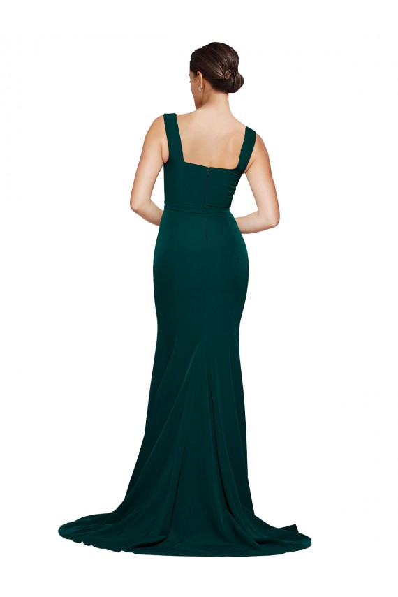 Fitted Square Neck Long Crepe Prom Dress with Train and Side Split Clearance